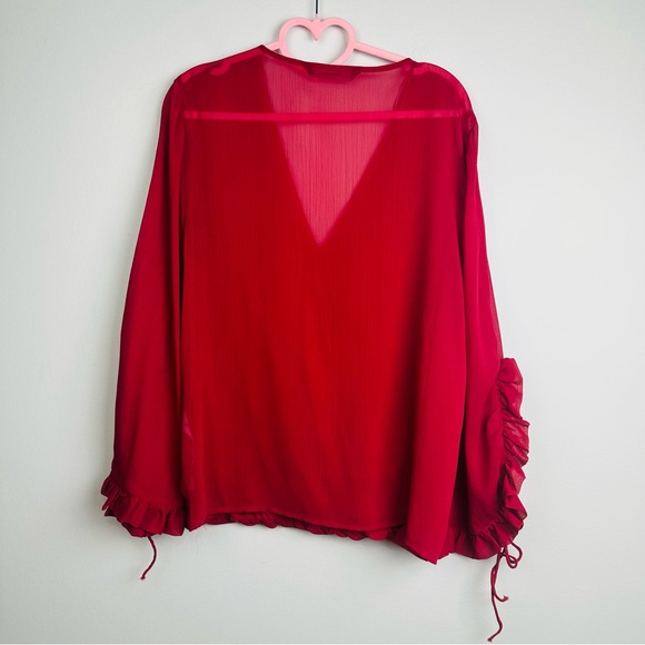 Zara Basic Red Wrap Ruffled Sleeve Blouse Size Large - Picture 6 of 9